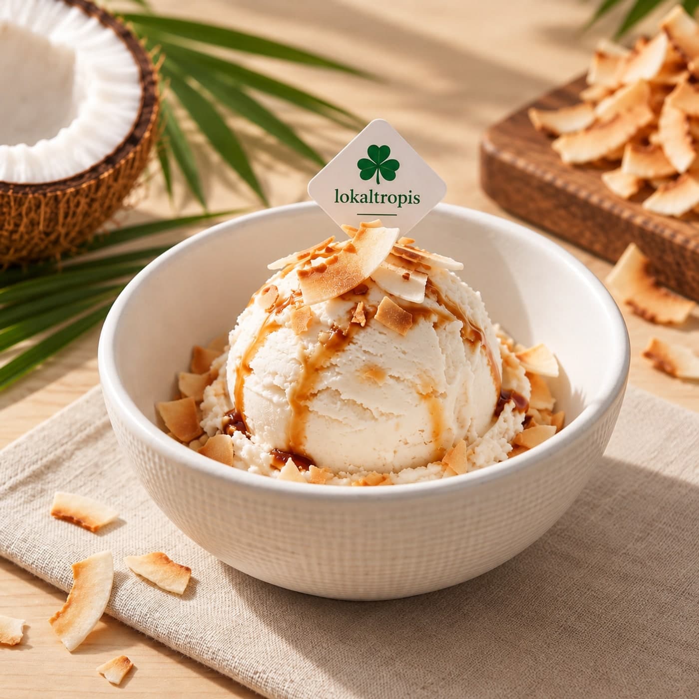 Coconut Cloud — a bowl of creamy coconut ice cream piled with toasted coconut, beside a fresh young coconut.